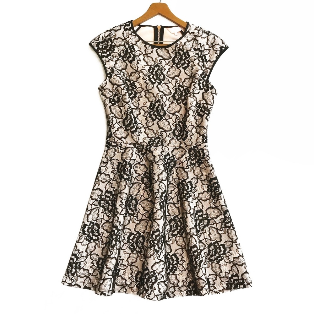 {Ted Baker} Neoprene Pink + Black Lace Fit N Flare